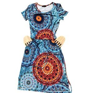 Colorful Mandala S Short Sleeve Tie Waist Athleisure Casual Pocket Dress 166J